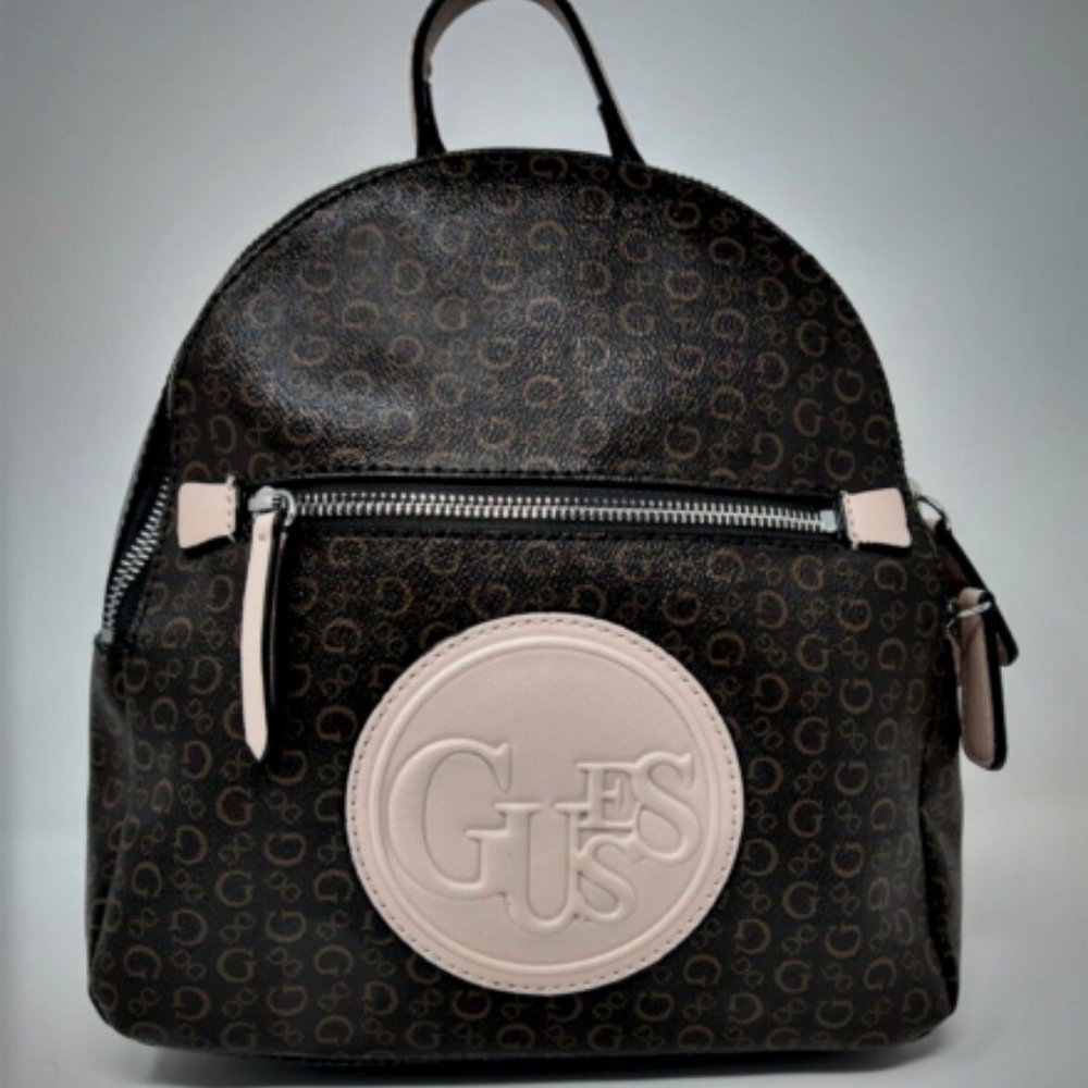 Women's Guess Angelea Brown/Beige G Signature Vegan Leather Backpack Handbag